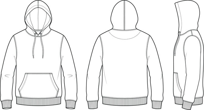 Pullover hoodie sweatshirt fashion flat technical drawing template front back and side views