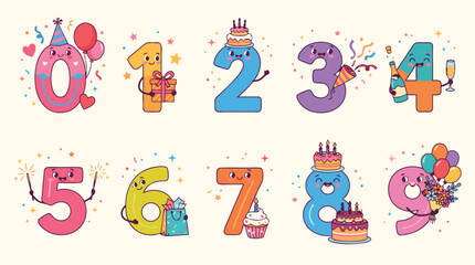 Fototapeta premium Colorful cartoon numbers zero through nine with party celebration elements