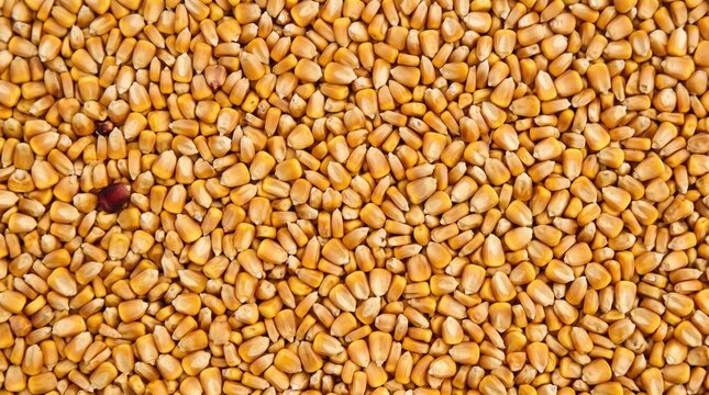 Close up of yellow corn kernel heap for agriculture food production and livestock feed texture