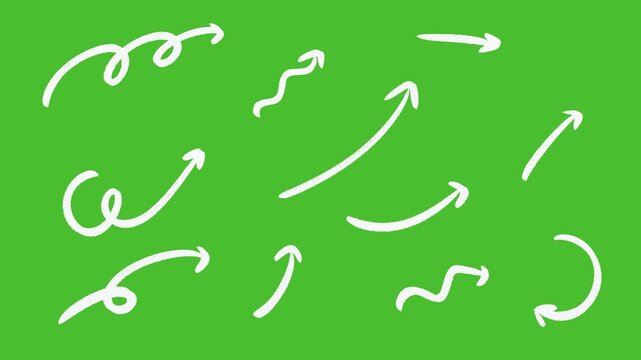 Hand drawn white doodle illustrations and handwritten typography set on green screen chroma key background. Decorative ribbon bows, arrows,  for video overlay 4k
