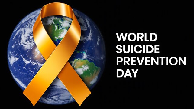 World suicide prevention day awareness design with yellow ribbon over global earth