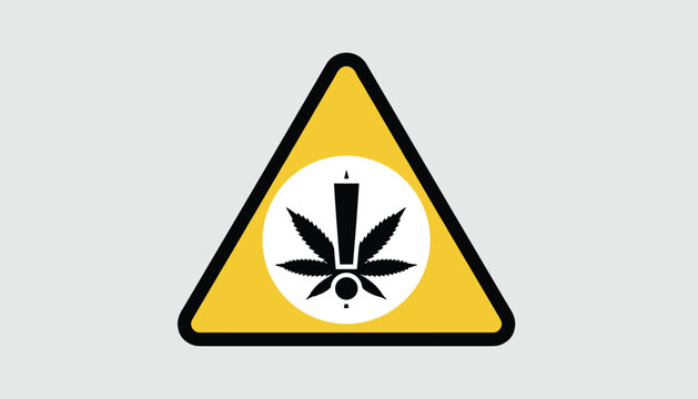 Yellow warning triangle sign displaying a marijuana leaf and exclamation mark indicating caution or legal regulation.