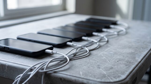 Row of black smartphones connected to white charging cables on a grey metal table by a window