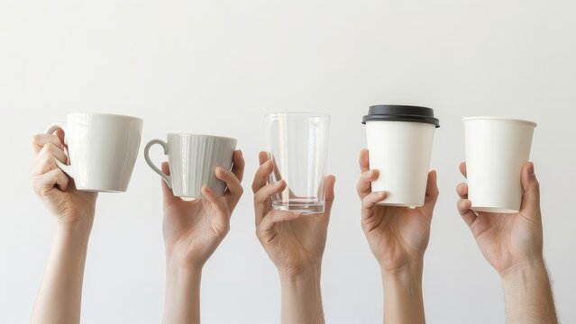 Diverse Hands Holding Various Cups and Mugs in Bright Setting