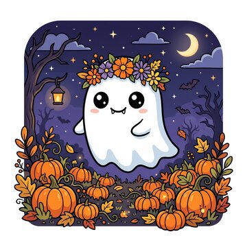 Cute and spooky ghost wearing a flower crown in a night pumpkin patch illustration