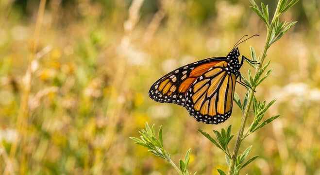 Beautiful Monarch Butterfly Perched on Green Plant in Sunny Meadow Macro