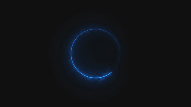 Glowing blue circle made of digital light dots forming a loading animation frame isolated on a dark black background for technology and abstract graphic design interface user experience elements