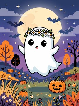 Cute and spooky ghost halloween celebration in a pumpkin patch under the moon