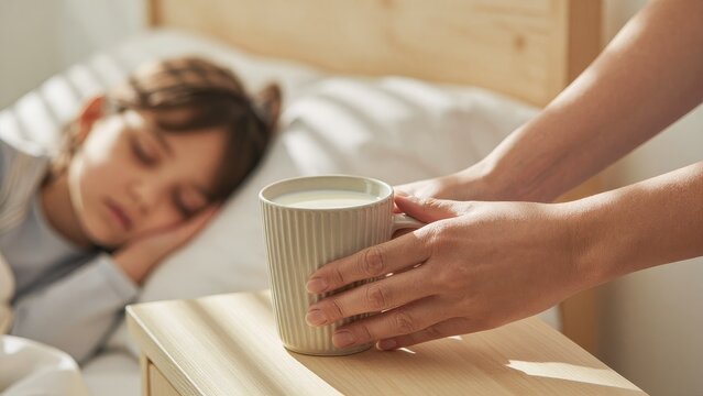 Morning Routine with Milk and Child Sleeping Peacefully in Bedroom
