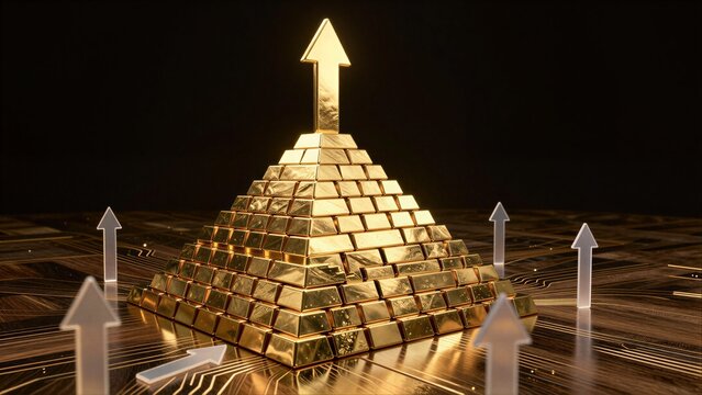 Golden pyramid of bars topped with an arrow, symbolizing upward financial growth.