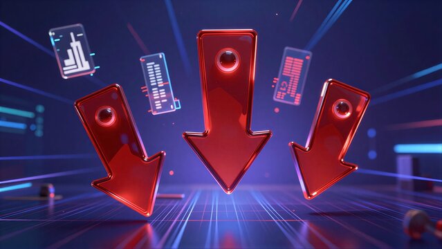 Red arrows descend against a digital backdrop, symbolizing data loss or decline.