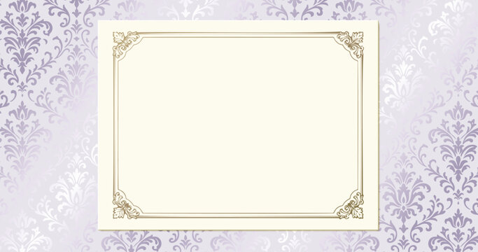 Vintage luxury frame card template on purple damask background with copy space