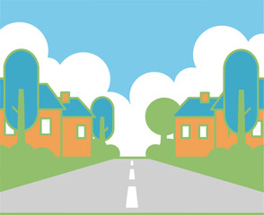 Fototapeta premium Houses and Trees Line a Road Under a Bright Sky. Suburban Streetscape Vector Illustration Design