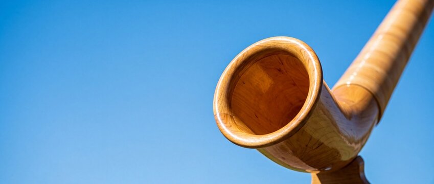 Wooden alphorn bell opening against clear blue sky in swiss alps signifies traditional mountain music and cultural celebration.