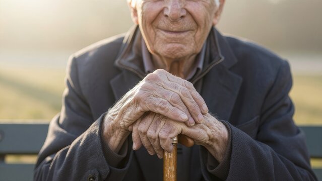 Senior Man Sitting on a Park Bench with Calm Expression and Cane