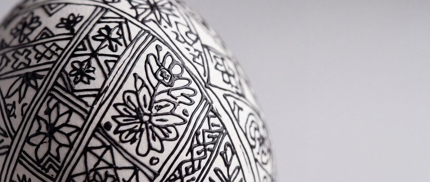 Decorative white egg with intricate black line art patterns, traditional folk design for easter and cultural celebrations.