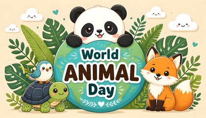 Naklejka premium Cute cartoon animals like a panda and fox celebrating world animal day with a green globe and tropical leaves