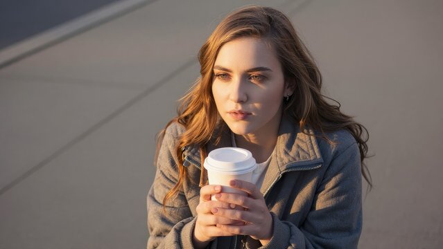 Young Woman Holding Coffee Cup While Sitting Outdoors at Sunset