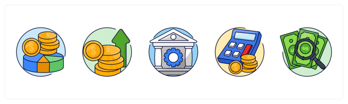 A set of 5 mix icons as Budget, Income, Banking