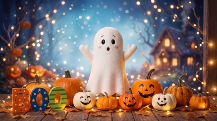 Obraz premium A delightful halloween scene features a cheerful ghost character surrounded by illuminated pumpkins and shimmering lights for a festive spooky atmosphere