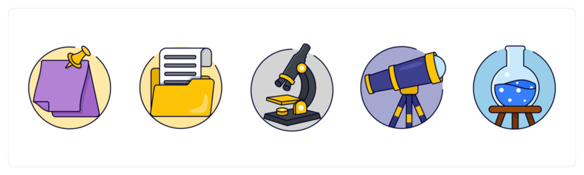 A set of 5 mix icons as Sticky Notes, Folder, Microscope