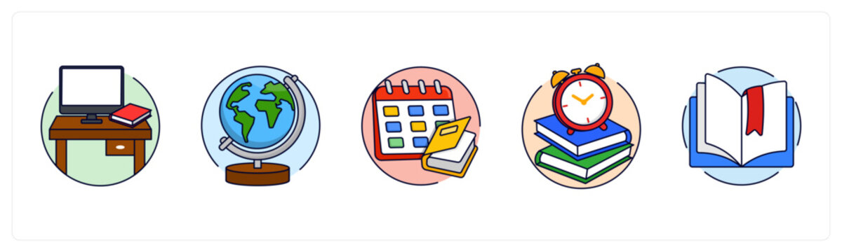 A set of 5 mix icons as Study Desk, Office Building, Study schedule
