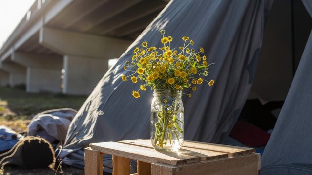 Bright Floral Arrangement in Jar on Wooden Box by Camping Tent