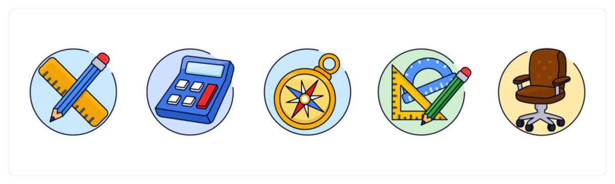 A set of 5 mix icons as Ruler & Pencil, Calculator, Compass