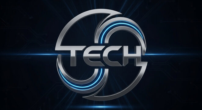 Metallic glowing futuristic tech logo emblem featuring sleek cybernetic metallic circular elements on a dark futuristic sci fi terminal screen for advanced information technology ventures