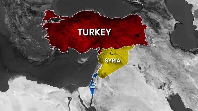 Animated map displaying geopolitical relationships between Turkey, Syria, and Israel in motion