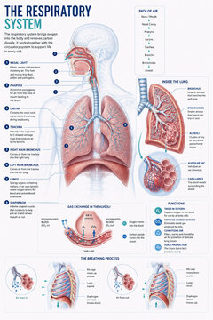 Detailed educational medical infographic showing the human respiratory system, anatomically accurate lungs, trachea, bronchi and diaphragm, transparent upper-body silhouette