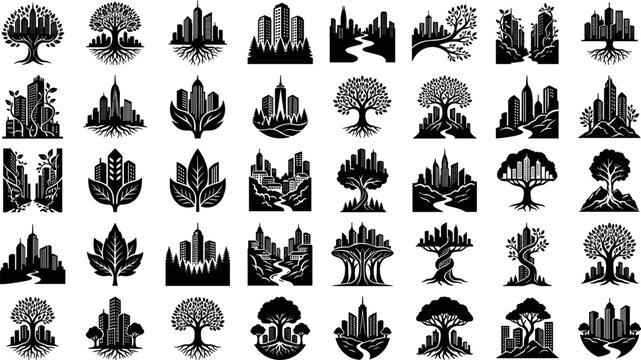Eco city and green urban landscape silhouette icon set vector illustration featuring black stencil skyscrapers integrated with trees leaves and roots