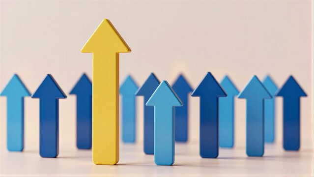 One yellow arrow leads a group of blue arrows upward, symbolizing leadership and growth.