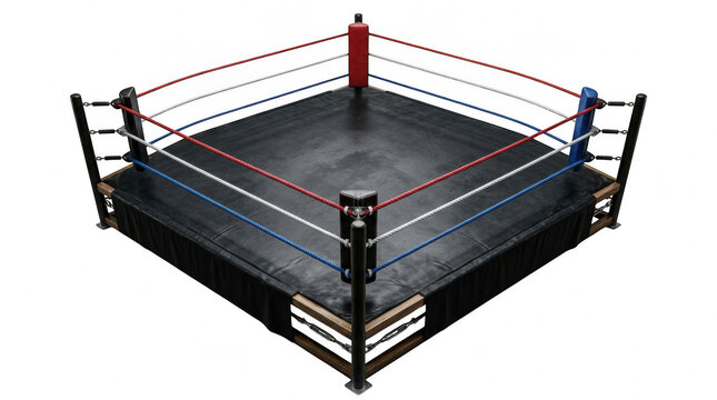 Empty boxing ring with red blue white ropes during competition isolated on transparent background