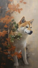 Fototapeta premium Acrylic paint of akita with flower painting animal mammal.