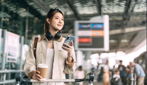Young adult asian woman with travel luggage using smartphone app call taxi service transfer at international airport shuttle bus terminal