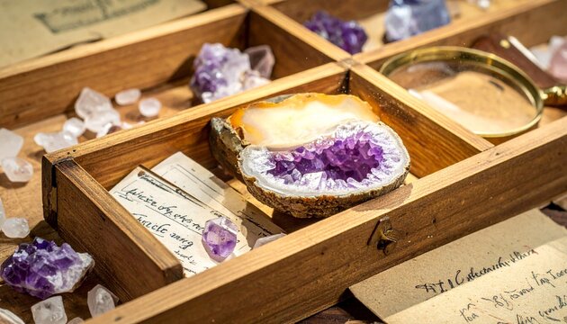 Amethyst geode and quartz crystals in a vintage wooden collector box with handwritten labels