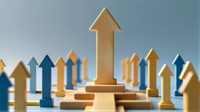 Large arrow leads upward, surrounded by smaller arrows symbolizing growth and direction.
