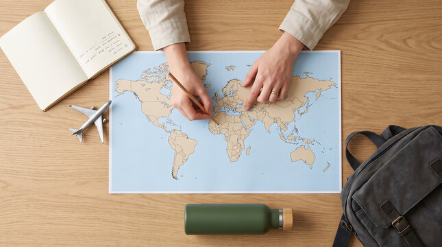 Travelers planning an international trip on a world map with notebook and backpack, representing itinerary planning, tourism, adventure, and exploration.