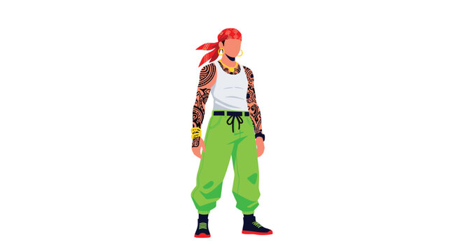 Trendy young hipster man with tattooed arms wearing a red bandana and bright neon green pants on white background.