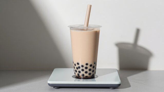 Refreshing Bubble Tea with Tapioca Pearls on a Minimalist Surface