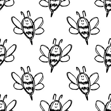 Seamless pattern with hand drawn happy funny cute honey bee Adorable flying striped insect friendly kawaii bumble bee For kids print, wrapping paper, packaging, fabric