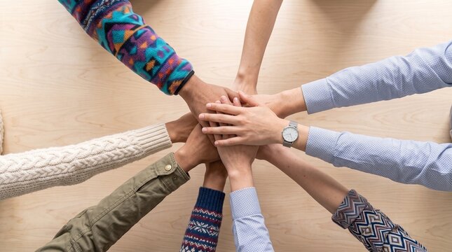 Diverse Group of Multiracial People Stacking Hands in Center over Wooden Table, Symbol of Teamwork, Business Partnership, Unity, Success, and Collaboration
