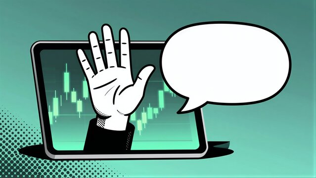 Hand waves from tablet displaying stock charts, symbolizing digital trading or financial markets.