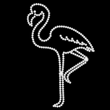 Rhinestone flamingo outline vector isolated on black background. Luxury diamond crystal bird element for fashion hotfix transfer. Shiny exotic tropical flamingo outline made of sparkling gemstones