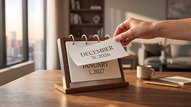 Close up human hand flipping page of desk calendar from december 31 2026 to january 1 2027 in bright modern home office space during golden hour sunlight.