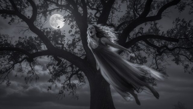 Ethereal Woman Floating Under Moonlight in Dark Mystical Landscape
