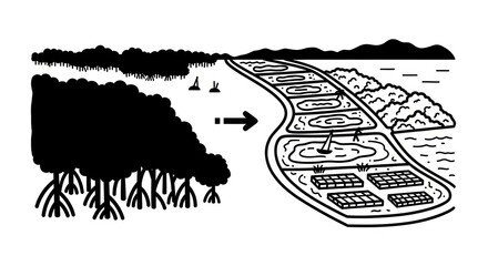 Obraz premium Mangrove forest to shrimp farm conversion.