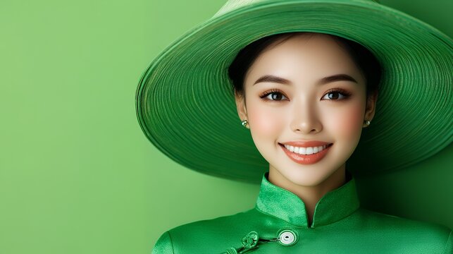 Smiling asian female in green hat and dress against green background