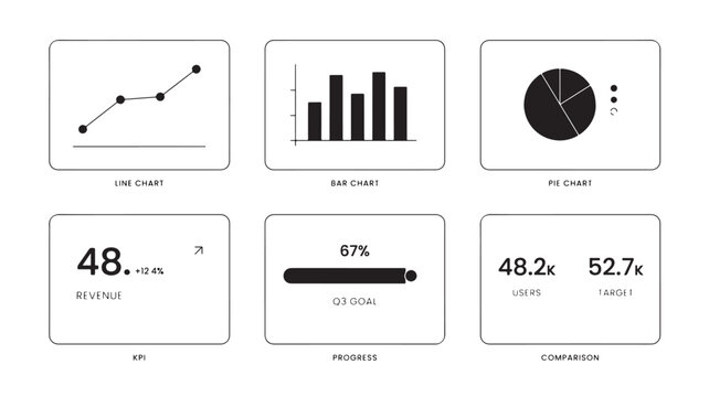 A clean 3x2 grid featuring modern black and white business analytics infographics data visualization elements